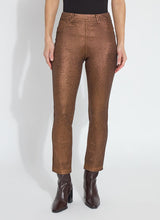 Load image into Gallery viewer, Crafted with a concealed patented waistband, beltloops, and hem slits adorned with gunmetal studs, the Melina Metallic Coated Straight Denim boasts an ankle-length fit. The 4x-stretch Knit Denim fabric is coated with a no-odor Polyurethane, offering the look and feel of vegan leather while retaining the same characteristics as our classic knit denim. These jeans feature a slim, fitted waist and hip, and a timeless straight leg silhouette that falls just at the ankle.