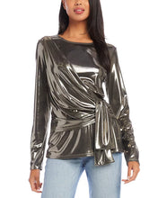 Load image into Gallery viewer, This elegant top is sure to draw admiration! With its metallic knitted fabric, crew neckline, long sleeves, and draped front, it boasts both style and comfort. It is constructed with a fitted silhouette, straight hemline, and easy pullover design. The classy drape front detail beautifully accentuates the waist, while the lightweight knit adds a touch of shimmer in a striking metallic color.