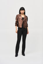 Load image into Gallery viewer, Elevate your wardrobe with the Mira Metallic Faux Leather Biker Jacket in Bronze. This stunning purple jacket features a sleek notched collar, eye-catching metallic shine, and practical zippered pockets for a bold and attention-grabbing look.