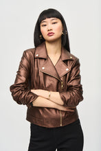 Load image into Gallery viewer, Elevate your wardrobe with the Mira Metallic Faux Leather Biker Jacket in Bronze. This stunning purple jacket features a sleek notched collar, eye-catching metallic shine, and practical zippered pockets for a bold and attention-grabbing look.