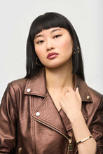 Load image into Gallery viewer, Elevate your wardrobe with the Mira Metallic Faux Leather Biker Jacket in Bronze. This stunning purple jacket features a sleek notched collar, eye-catching metallic shine, and practical zippered pockets for a bold and attention-grabbing look.
