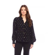 Load image into Gallery viewer, Elevate your look with this relaxed-fit top, adorned with shirred sleeves and a metallic gold flake pattern. The gold buttons add an elegant touch, making this top an ideal choice for bringing a playful flair to your wardrobe.