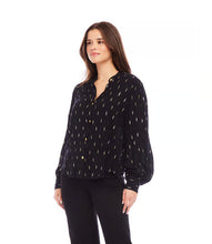 Load image into Gallery viewer, Elevate your look with this relaxed-fit top, adorned with shirred sleeves and a metallic gold flake pattern. The gold buttons add an elegant touch, making this top an ideal choice for bringing a playful flair to your wardrobe.