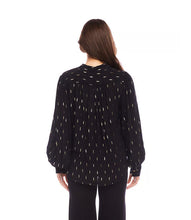 Load image into Gallery viewer, Elevate your look with this relaxed-fit top, adorned with shirred sleeves and a metallic gold flake pattern. The gold buttons add an elegant touch, making this top an ideal choice for bringing a playful flair to your wardrobe.