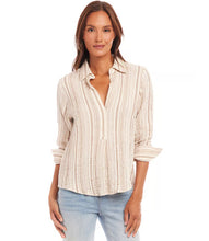 Load image into Gallery viewer, The Melia Metallic Stripe Shirt is designed with a textured gauze fabric, woven with gold metallic stripes, adding a touch of understated glamour. Featuring ruched 3/4 sleeves and a classic collared neckline, this versatile piece blends effortless elegance with everyday comfort. Make every outfit shine with this must-have addition to your collection.