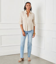 Load image into Gallery viewer, The Melia Metallic Stripe Shirt is designed with a textured gauze fabric, woven with gold metallic stripes, adding a touch of understated glamour. Featuring ruched 3/4 sleeves and a classic collared neckline, this versatile piece blends effortless elegance with everyday comfort. Make every outfit shine with this must-have addition to your collection.