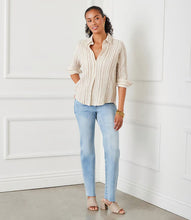 Load image into Gallery viewer, The Melia Metallic Stripe Shirt is designed with a textured gauze fabric, woven with gold metallic stripes, adding a touch of understated glamour. Featuring ruched 3/4 sleeves and a classic collared neckline, this versatile piece blends effortless elegance with everyday comfort. Make every outfit shine with this must-have addition to your collection.