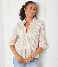 Load image into Gallery viewer, The Melia Metallic Stripe Shirt is designed with a textured gauze fabric, woven with gold metallic stripes, adding a touch of understated glamour. Featuring ruched 3/4 sleeves and a classic collared neckline, this versatile piece blends effortless elegance with everyday comfort. Make every outfit shine with this must-have addition to your collection.