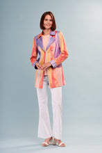 Load image into Gallery viewer, Elevate your spring and summer wardrobe with this long vegan pleather jacket, featuring beautiful, vibrant vertical shades of color and a striking metallic sheen. Stand out, express your individuality, and shine with confidence when you style this gorgeous jacket.