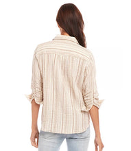 Load image into Gallery viewer, The Melia Metallic Stripe Shirt is designed with a textured gauze fabric, woven with gold metallic stripes, adding a touch of understated glamour. Featuring ruched 3/4 sleeves and a classic collared neckline, this versatile piece blends effortless elegance with everyday comfort. Make every outfit shine with this must-have addition to your collection.