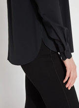 Load image into Gallery viewer, The Connie Micro Beaded Shirt offers a curved, hip-length, high-low hem and sophisticated micro beading on the front placket. Fashioned from travel-friendly, wrinkle-resistant Microfiber, the Connie Micro Beaded Shirt perfectly accompanies everything from wide-legged jeans to dress pants and skirts.