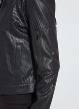Load image into Gallery viewer, Close up of a black perforated leather jacket against a white background.