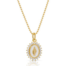 Load image into Gallery viewer, A white and gold necklace with a pendant featuring a white enamel with a gold Virgin Mary portrait, adorned with cubic zirconia.