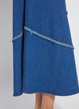 Load image into Gallery viewer, Make a statement with the Mirabella Fringed Midi Denim Dress by Lysse. Designed for comfort and style, this dress features a midi-length silhouette with fringed detailing, adding a touch of effortless charm. Crafted from premium stretch denim, it offers a flattering fit while ensuring all-day ease.