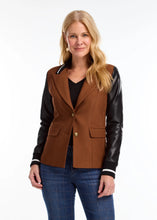 Load image into Gallery viewer, Combine the look of a cool-weather jacket with a blazer for an exceptional style. This bold statement piece includes contrasting faux leather sleeves with fabric cuffs and collar, two front flap pockets, and a traditional button closure, ideal for infusing a contemporary twist into your wardrobe.