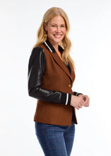 Load image into Gallery viewer, Combine the look of a cool-weather jacket with a blazer for an exceptional style. This bold statement piece includes contrasting faux leather sleeves with fabric cuffs and collar, two front flap pockets, and a traditional button closure, ideal for infusing a contemporary twist into your wardrobe.