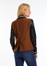 Load image into Gallery viewer, Combine the look of a cool-weather jacket with a blazer for an exceptional style. This bold statement piece includes contrasting faux leather sleeves with fabric cuffs and collar, two front flap pockets, and a traditional button closure, ideal for infusing a contemporary twist into your wardrobe.