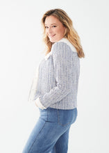 Load image into Gallery viewer, This mixed media jacket, made of both textured twill and tweed, provides a versatile and stylish option. The hems feature a slight fray in the indigo mix, adding a touch of flair. Color- Indigo mix. Front button closure, Band neckline. Flap pockets at the bust, Slanted side pockets,