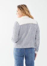 Load image into Gallery viewer, This mixed media jacket, made of both textured twill and tweed, provides a versatile and stylish option. The hems feature a slight fray in the indigo mix, adding a touch of flair. Color- Indigo mix. Front button closure, Band neckline. Flap pockets at the bust, Slanted side pockets,