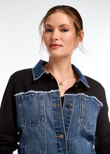 Load image into Gallery viewer, Elevate your style with the FDJ French Dressing Mixed Media Denim Jacket. This unique piece combines classic denim with modern mixed media elements, creating a chic and contemporary look. Made with high-quality materials that offer both durability and comfort. The soft inner lining ensures you stay cozy throughout the day. deal for layering over your favorite tops and dresses, making it a must-have for your fall wardrobe.