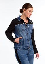 Load image into Gallery viewer, Elevate your style with the FDJ French Dressing Mixed Media Denim Jacket. This unique piece combines classic denim with modern mixed media elements, creating a chic and contemporary look. Made with high-quality materials that offer both durability and comfort. The soft inner lining ensures you stay cozy throughout the day. deal for layering over your favorite tops and dresses, making it a must-have for your fall wardrobe.