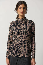 Load image into Gallery viewer, This top from Joseph Ribkoff features a distinctive animal print in neutral tones, crafted from a soft and stretchy material for optimal comfort. The ruched neckline provides a unique texture to contrast the standout pattern. A style that pairs beautifully with faux leather pants to jeans. Dress up or wear casually.