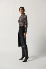 Load image into Gallery viewer, This top from Joseph Ribkoff features a distinctive animal print in neutral tones, crafted from a soft and stretchy material for optimal comfort. The ruched neckline provides a unique texture to contrast the standout pattern. A style that pairs beautifully with faux leather pants to jeans. Dress up or wear casually.