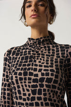 Load image into Gallery viewer, This top from Joseph Ribkoff features a distinctive animal print in neutral tones, crafted from a soft and stretchy material for optimal comfort. The ruched neckline provides a unique texture to contrast the standout pattern. A style that pairs beautifully with faux leather pants to jeans. Dress up or wear casually.