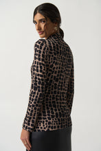 Load image into Gallery viewer, This top from Joseph Ribkoff features a distinctive animal print in neutral tones, crafted from a soft and stretchy material for optimal comfort. The ruched neckline provides a unique texture to contrast the standout pattern. A style that pairs beautifully with faux leather pants to jeans. Dress up or wear casually.