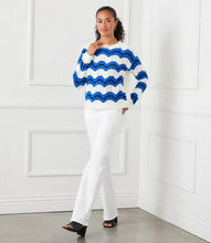Load image into Gallery viewer, This dazzling sweater is crafted with precision, featuring contrasting pointelle zigzag knitting and delicate scalloped edging. Its blend of style and warmth make it a must-have for chilly days, making it a versatile and fashionable addition to any wardrobe.