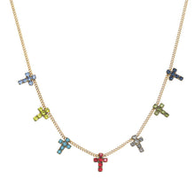 Load image into Gallery viewer, This dashing Multi Cross Necklace is the perfect way to up-level any look and make your neck the envy of all! Crafted with high-quality brass that's plated with antique gold, antique and featuring a myriad of shimmering crystals, this breathtaking beauty has a 16" length chain with a 2" extender. Hand-made in Canada with panache! Color- Gold, green, blue, red. Premium crystals. Antique gold plating over brass. Length- 16 inches with 2-inch extender.