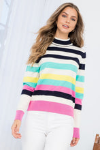 Load image into Gallery viewer, Add a vibrant touch to your wardrobe with this striped turtleneck that features a refreshing burst of spring colors. This stylish piece pairs well with both black or white pants for a dressier look, or denim for a more casual style. This stylish piece that combines flirty sophistication with a touch of vintage inspiration. Color- White, pink, turquoise, black, yellow. Horizontal striping. Turtleneck design.