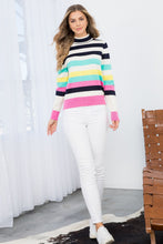 Load image into Gallery viewer, Add a vibrant touch to your wardrobe with this striped turtleneck that features a refreshing burst of spring colors. This stylish piece pairs well with both black or white pants for a dressier look, or denim for a more casual style. This stylish piece that combines flirty sophistication with a touch of vintage inspiration. Color- White, pink, turquoise, black, yellow. Horizontal striping. Turtleneck design.
