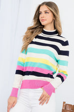 Load image into Gallery viewer, Add a vibrant touch to your wardrobe with this striped turtleneck that features a refreshing burst of spring colors. This stylish piece pairs well with both black or white pants for a dressier look, or denim for a more casual style. This stylish piece that combines flirty sophistication with a touch of vintage inspiration. Color- White, pink, turquoise, black, yellow. Horizontal striping. Turtleneck design.