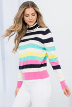 Load image into Gallery viewer, Add a vibrant touch to your wardrobe with this striped turtleneck that features a refreshing burst of spring colors. This stylish piece pairs well with both black or white pants for a dressier look, or denim for a more casual style. This stylish piece that combines flirty sophistication with a touch of vintage inspiration. Color- White, pink, turquoise, black, yellow. Horizontal striping. Turtleneck design.