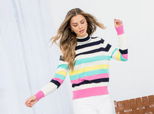 Load image into Gallery viewer, Add a vibrant touch to your wardrobe with this striped turtleneck that features a refreshing burst of spring colors. This stylish piece pairs well with both black or white pants for a dressier look, or denim for a more casual style. This stylish piece that combines flirty sophistication with a touch of vintage inspiration. Color- White, pink, turquoise, black, yellow. Horizontal striping. Turtleneck design.
