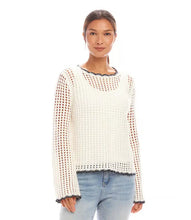 Load image into Gallery viewer, This cotton blend sweater is hand-crocheted, making it the ideal addition to any wardrobe for added texture. The navy seam edge and easy fit offer a unique touch to any outfit. This layering piece is perfect for warmer weather and can be worn over a cami, tank top, or slip dress.