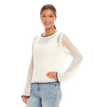 Load image into Gallery viewer, This cotton blend sweater is hand-crocheted, making it the ideal addition to any wardrobe for added texture. The navy seam edge and easy fit offer a unique touch to any outfit. This layering piece is perfect for warmer weather and can be worn over a cami, tank top, or slip dress.