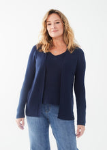 Load image into Gallery viewer, Enhance your outfit with the addition of this navy textured cardigan. Its versatile style and color make it a perfect complement to a variety of tops, whether dressed up with white pants or worn casually with denim. A must-have piece for any wardrobe. Color- Navy. Open front. Long sleeves. Ribbed cuffs at hem.