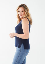 Load image into Gallery viewer, Enhance your summer wardrobe with this versatile Navy Textured Knit Tank Top from FDJ French Dressing. With its rich navy color, this stylish piece pairs perfectly with white pants or denim for a put-together look. Pair with our Nadia Navy Textured Cardigan - FDJ French Dressing d1144624 for a perfect look. Color- Navy. Length 22". V-neck.