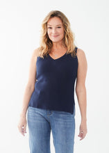 Load image into Gallery viewer, Enhance your summer wardrobe with this versatile Navy Textured Knit Tank Top from FDJ French Dressing. With its rich navy color, this stylish piece pairs perfectly with white pants or denim for a put-together look. Pair with our Nadia Navy Textured Cardigan - FDJ French Dressing d1144624 for a perfect look. Color- Navy. Length 22". V-neck.