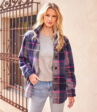 Load image into Gallery viewer, A bold plaid pattern of navy and pink makes this jacket an eye-catching piece. Richly textured with contrasting patch pockets at the front, it's an easy, no-fuss design. Color- Navy and pink. Long sleeves. Collared button-up. Side pockets. Lined. Fabric-Midnight Brushed Plaid: 76% Polyester. 24% Wool. Dry clean.