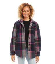 Load image into Gallery viewer, A bold plaid pattern of navy and pink makes this jacket an eye-catching piece. Richly textured with contrasting patch pockets at the front, it's an easy, no-fuss design. Color- Navy and pink. Long sleeves. Collared button-up. Side pockets. Lined. Fabric-Midnight Brushed Plaid: 76% Polyester. 24% Wool. Dry clean.