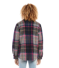 Load image into Gallery viewer, A bold plaid pattern of navy and pink makes this jacket an eye-catching piece. Richly textured with contrasting patch pockets at the front, it's an easy, no-fuss design. Color- Navy and pink. Long sleeves. Collared button-up. Side pockets. Lined. Fabric-Midnight Brushed Plaid: 76% Polyester. 24% Wool. Dry clean.