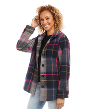 Load image into Gallery viewer, A bold plaid pattern of navy and pink makes this jacket an eye-catching piece. Richly textured with contrasting patch pockets at the front, it's an easy, no-fuss design. Color- Navy and pink. Long sleeves. Collared button-up. Side pockets. Lined. Fabric-Midnight Brushed Plaid: 76% Polyester. 24% Wool. Dry clean.