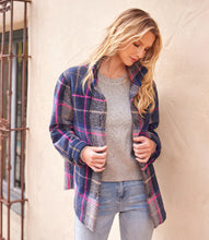 Load image into Gallery viewer, A bold plaid pattern of navy and pink makes this jacket an eye-catching piece. Richly textured with contrasting patch pockets at the front, it's an easy, no-fuss design. Color- Navy and pink. Long sleeves. Collared button-up. Side pockets. Lined. Fabric-Midnight Brushed Plaid: 76% Polyester. 24% Wool. Dry clean.