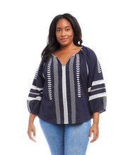 Load image into Gallery viewer, Lightweight cotton gives a breezy quality to this peasant top detailed with charming embroidery. This breezy top pairs perfectly with white pants for a fresh beachy look. Comes in both regular and plus sizes. Colors- Navy and white. Blouson sleeve V-neck Embroidered.
