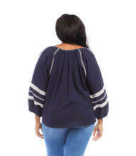 Load image into Gallery viewer, Lightweight cotton gives a breezy quality to this peasant top detailed with charming embroidery. This breezy top pairs perfectly with white pants for a fresh beachy look. Comes in both regular and plus sizes. Colors- Navy and white. Blouson sleeve V-neck Embroidered.