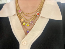 Load image into Gallery viewer, Glam up your look with this delightful Neck Mess Necklace! This handcrafted piece features a stunning ombre of pink crystals, framed with antique gold-plated brass. With a length adjustability of 16"–20", it's sure to look gorgeous on you! Get it now and add some sparkle to your wardrobe!