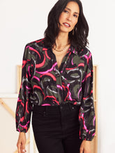Load image into Gallery viewer, Nic and Zoe designers are a seriously talented bunch. Even idle turns of their pens can turn into something as unique as this dynamic black and pink top. Its birth may be rooted in the accidental, but intentional details show the upmost attention to even the smallest details. Details like elastic cuff sleeves, a shirt collar, a button front and a longer hem that extends just below the hip. This top is a piece of magnificent abstract art!